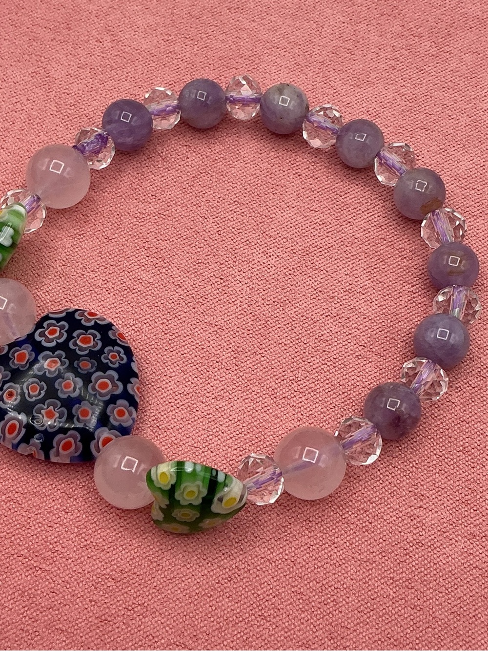 Floral Millefiori Heart & Glass Amethyst Bead Bracelet